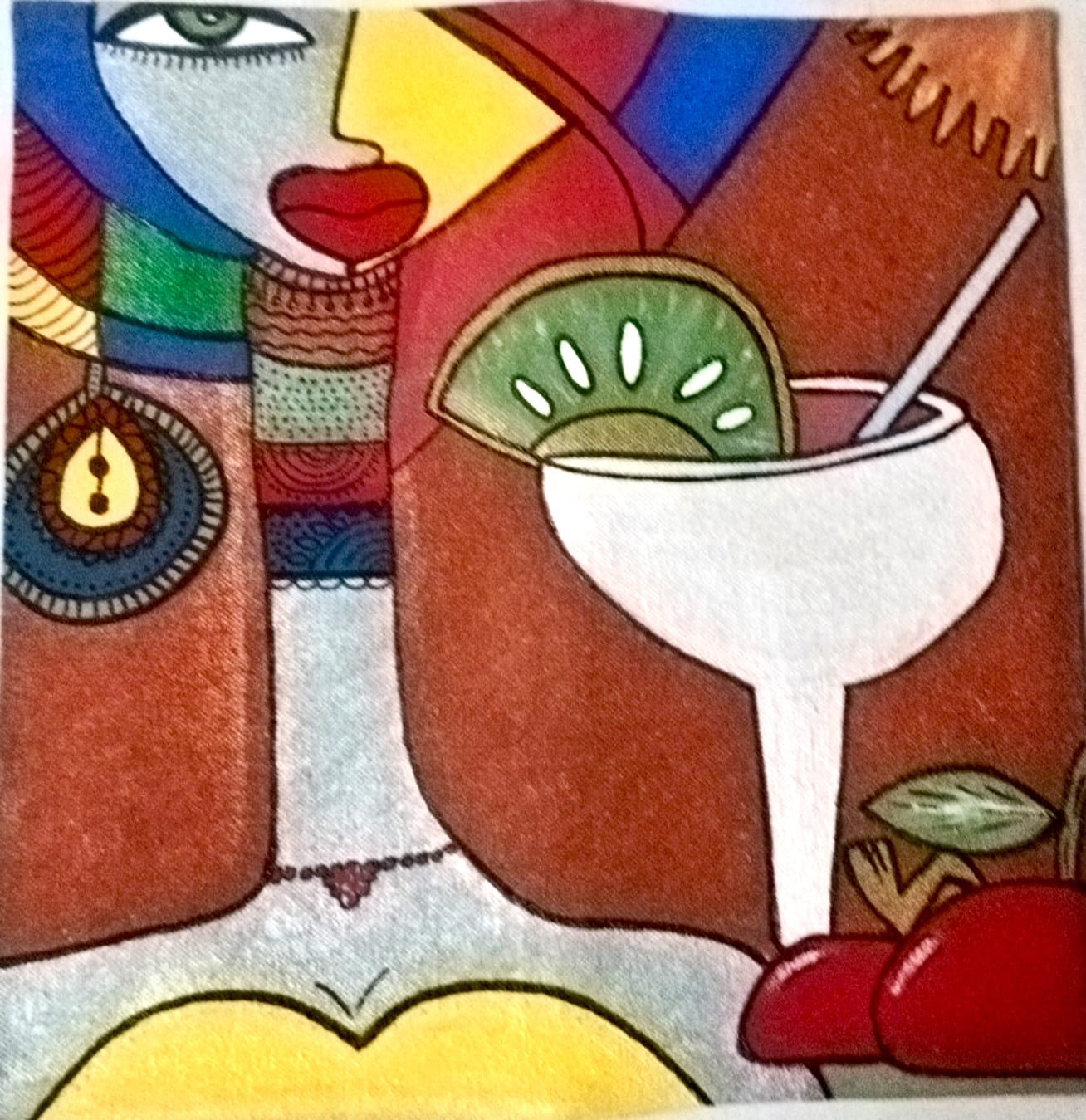 Hand-Painted Abstract Cocktail Portrait Cushion "Cocktail Muse"