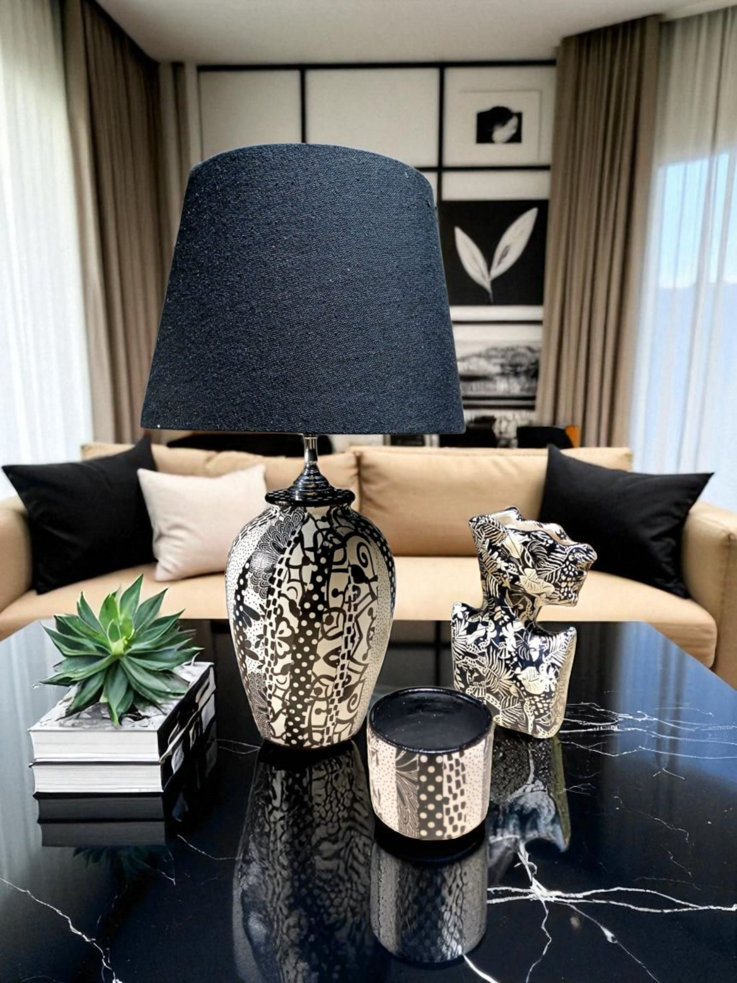 Monochrome Maze Table Lamp & Candle Set