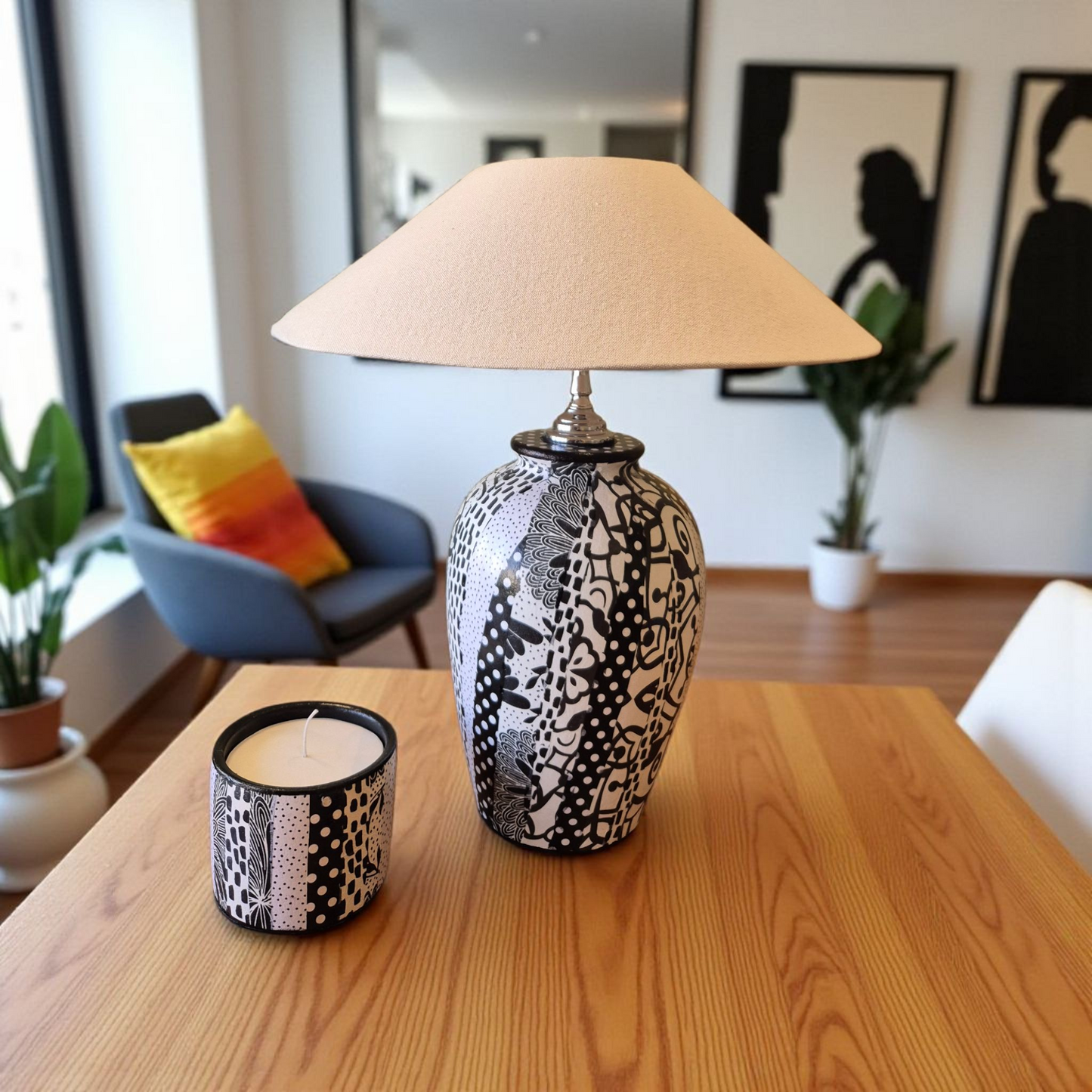 Monochrome Maze Table Lamp & Candle Set