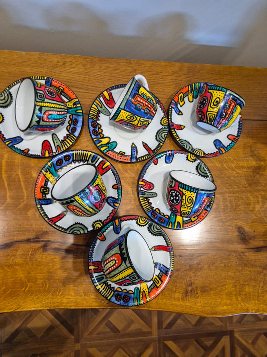 Metropolis" Hand-Painted Abstract Coffee Cup Set (Set of 6)