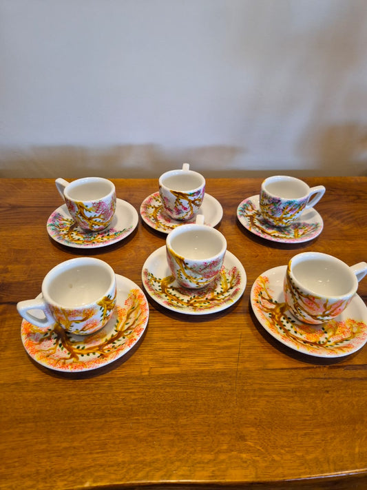 Coral" Abstract Hand-Painted Coffee Cup Set (Set of 6)