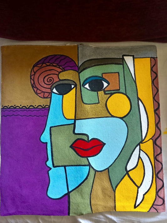 Hand-Painted Cubist Split Face Cushion "Split Persona Cushion"