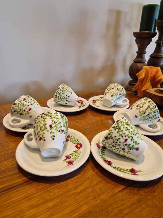 Wildflower" Hand-Painted Botanical Coffee Cup Set (Set of 6)