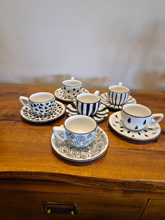 Inkwell" Hand-Painted Monochrome Coffee Cup Set (Set of 6)