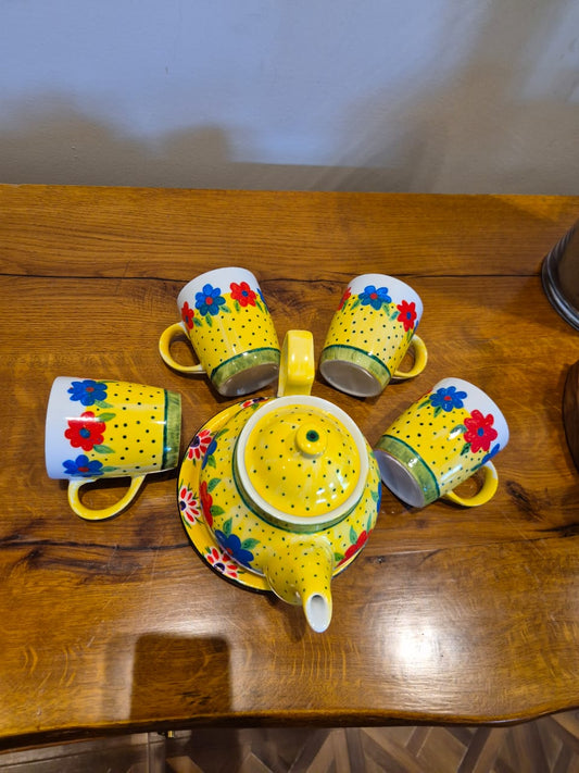Sunshine" Hand-Painted Folk Art Tea Set with Mugs