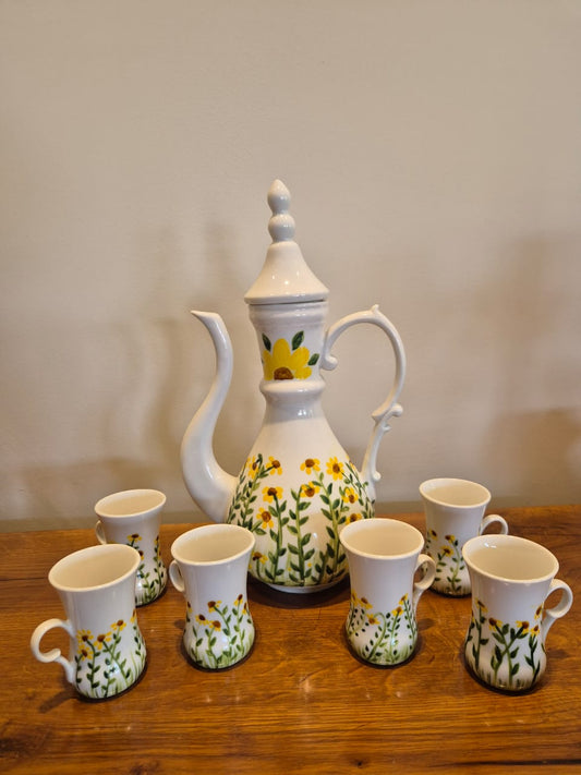 Shams" Hand-Painted Sunflower Arabic Coffee Set (Dallah & 6 Cups)