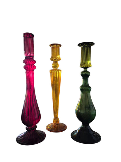 Jewel Tone Glass Taper Candle Holder Set