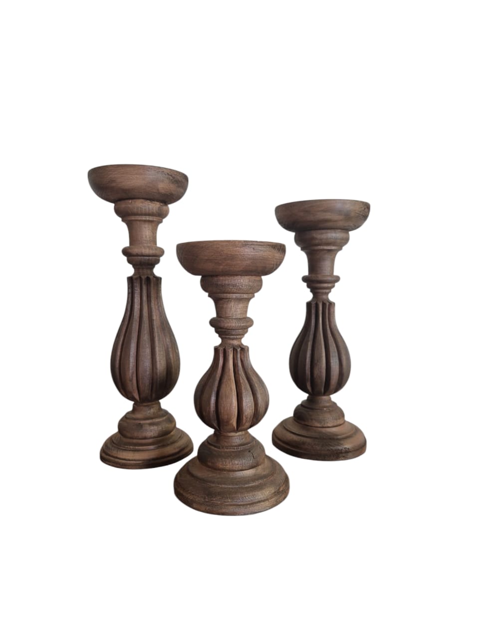 Fluted Grove Wooden Candle Holder Set