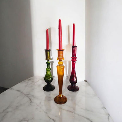 Jewel Tone Glass Taper Candle Holder Set