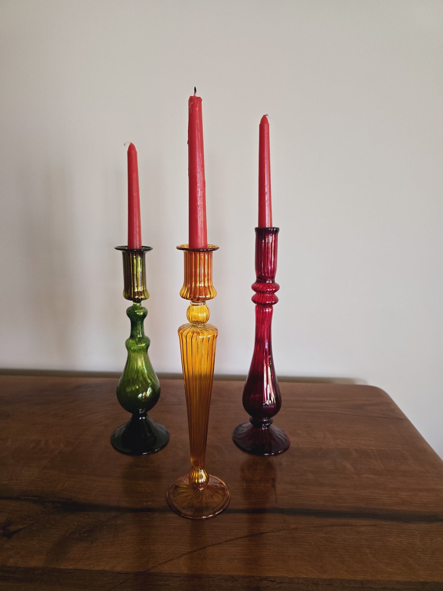 Jewel Tone Glass Taper Candle Holder Set