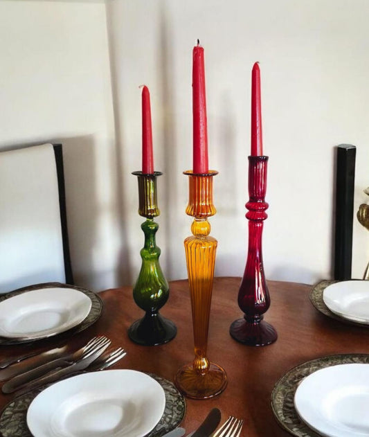 Jewel Tone Glass Taper Candle Holder Set