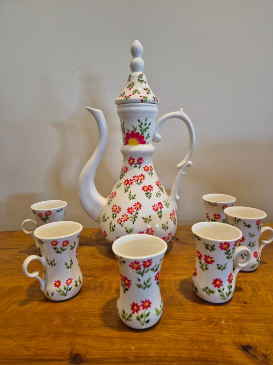 Ahlan" Hand-Painted Floral Arabic Coffee Set (Dallah & 6 Cups)