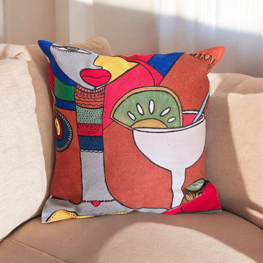 Hand-Painted Abstract Cocktail Portrait Cushion "Cocktail Muse"