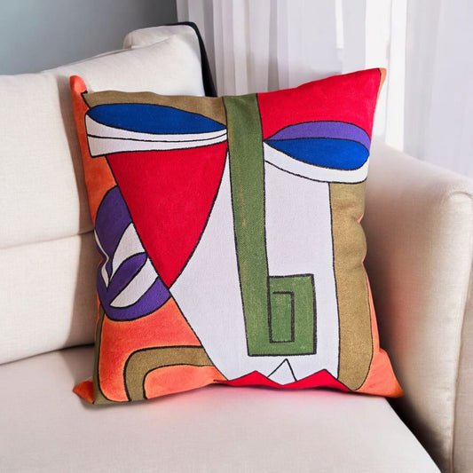 Hand-Painted Cubist Face Art Cushion "Cubist Comfort"