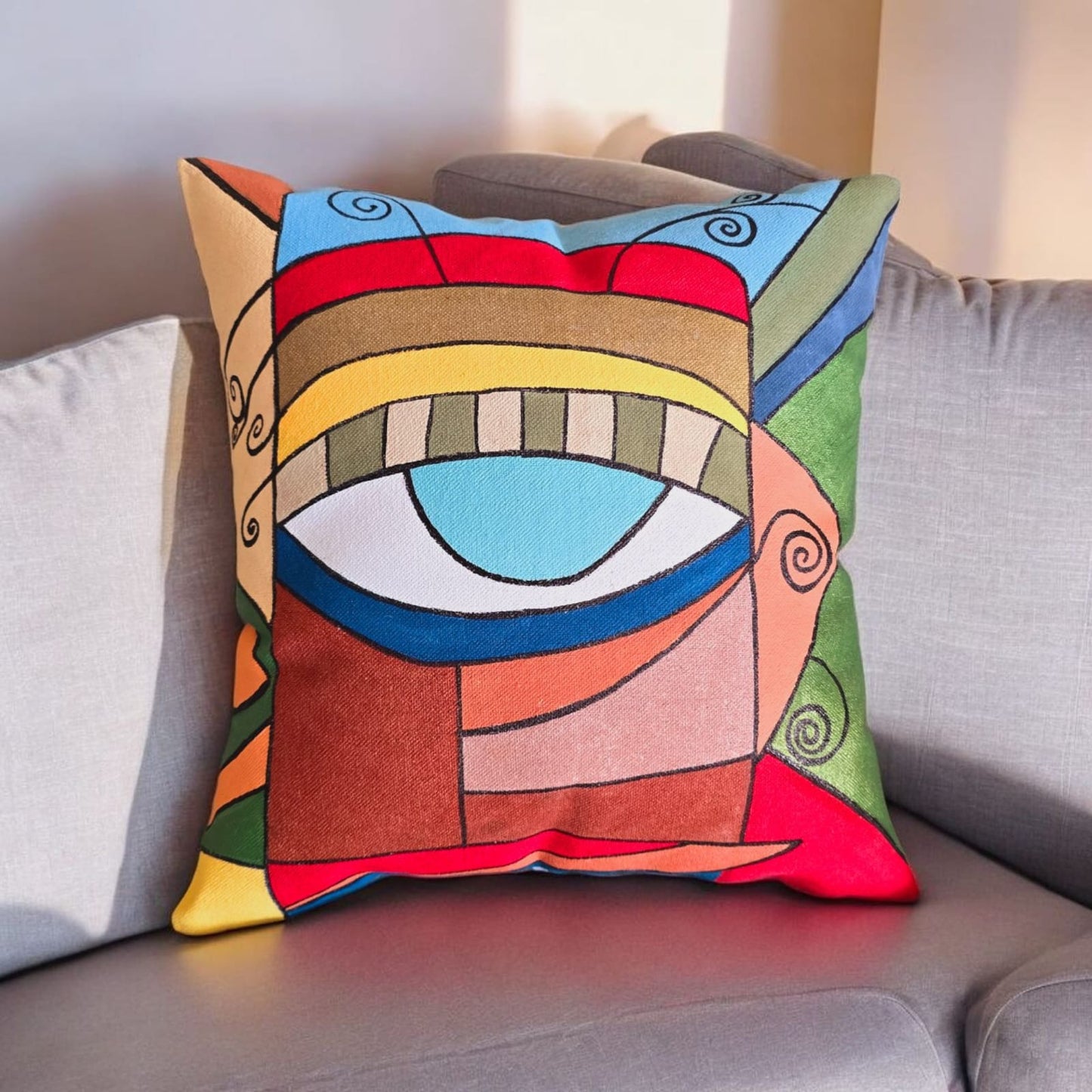 Hand-Painted Abstract Eye Art Cushion "Vibrant Vision"