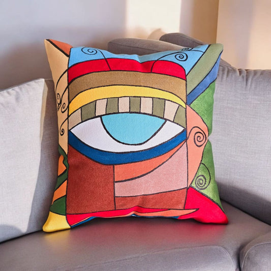 Hand-Painted Abstract Eye Art Cushion "Vibrant Vision"