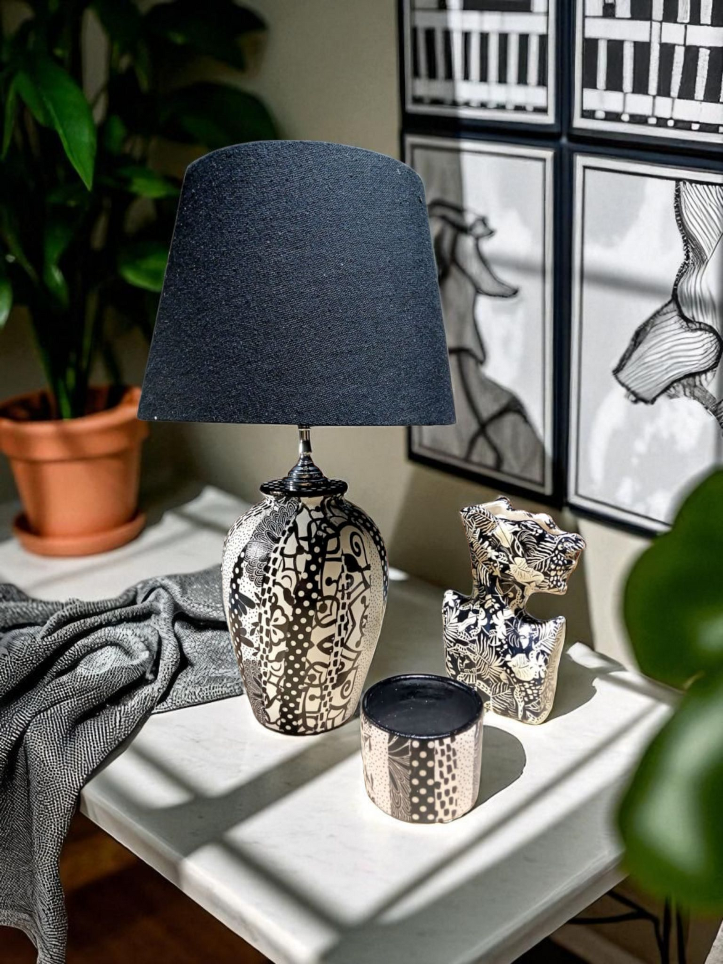 Monochrome Maze Table Lamp & Candle Set
